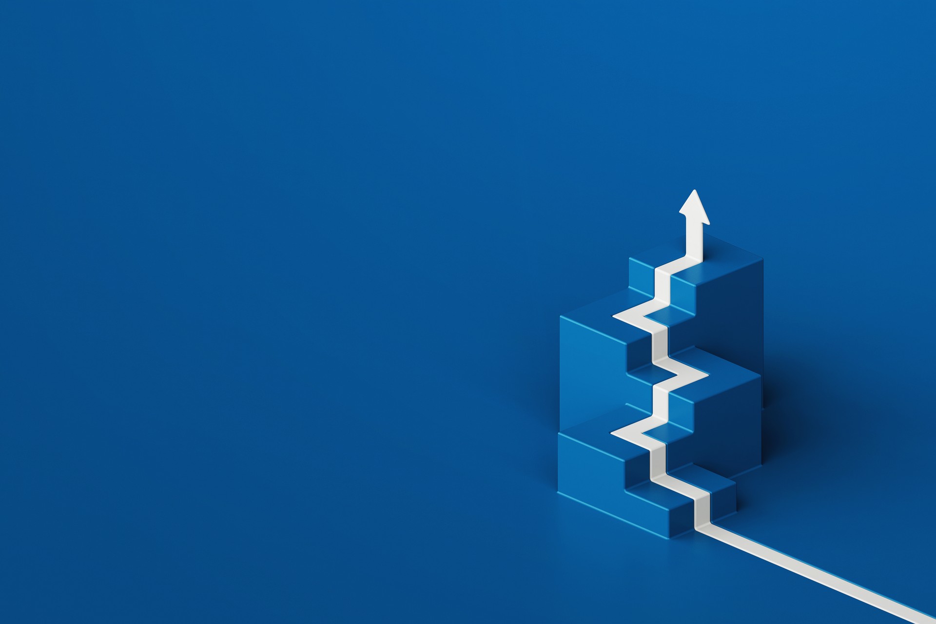 White arrow flows on cube stair shape against blue backdrop, business way concept, minimal style, 3d rendering